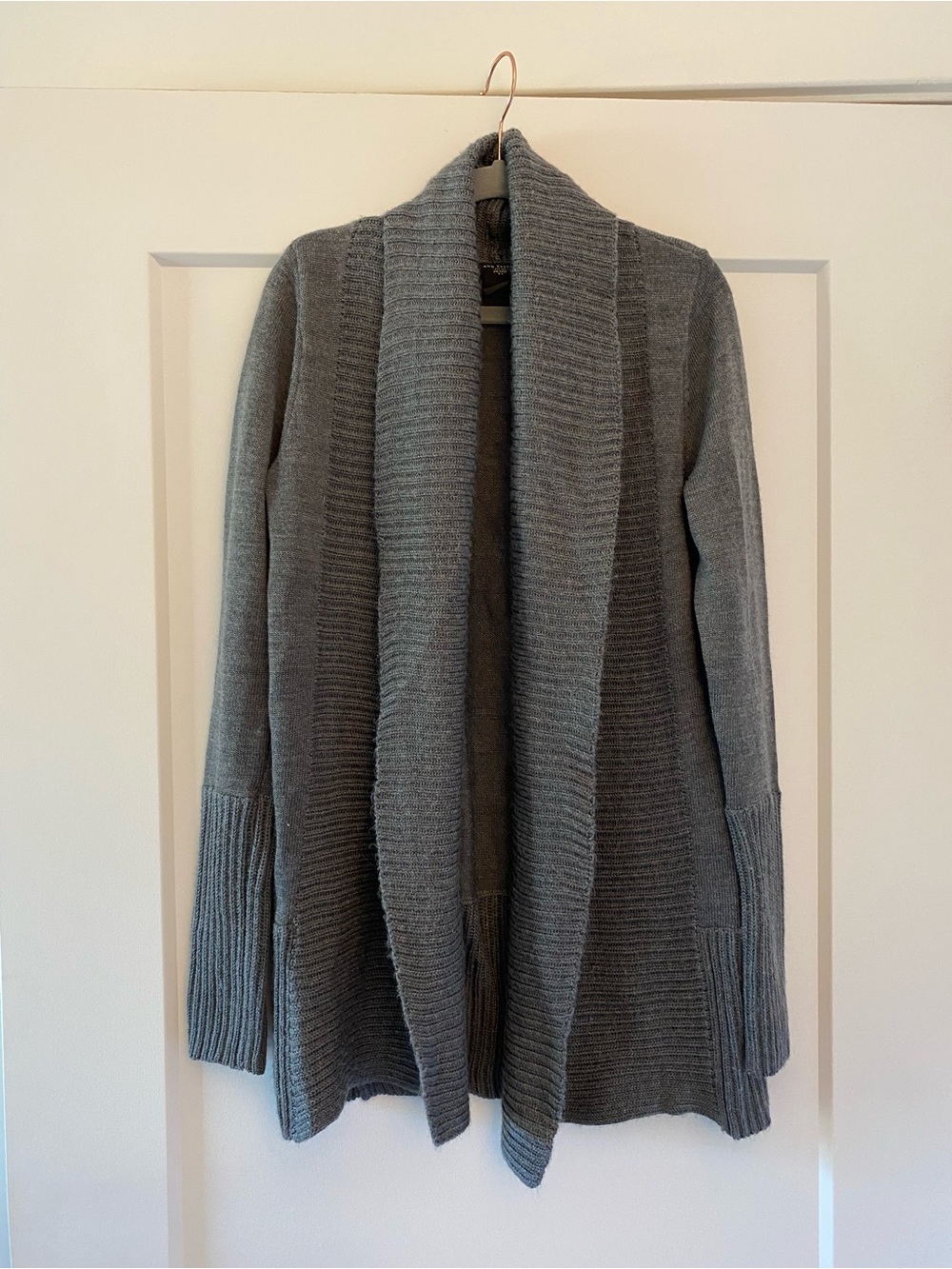 Ann Taylor Gray Open-Front Ribbed Shawl Collar Cardigan